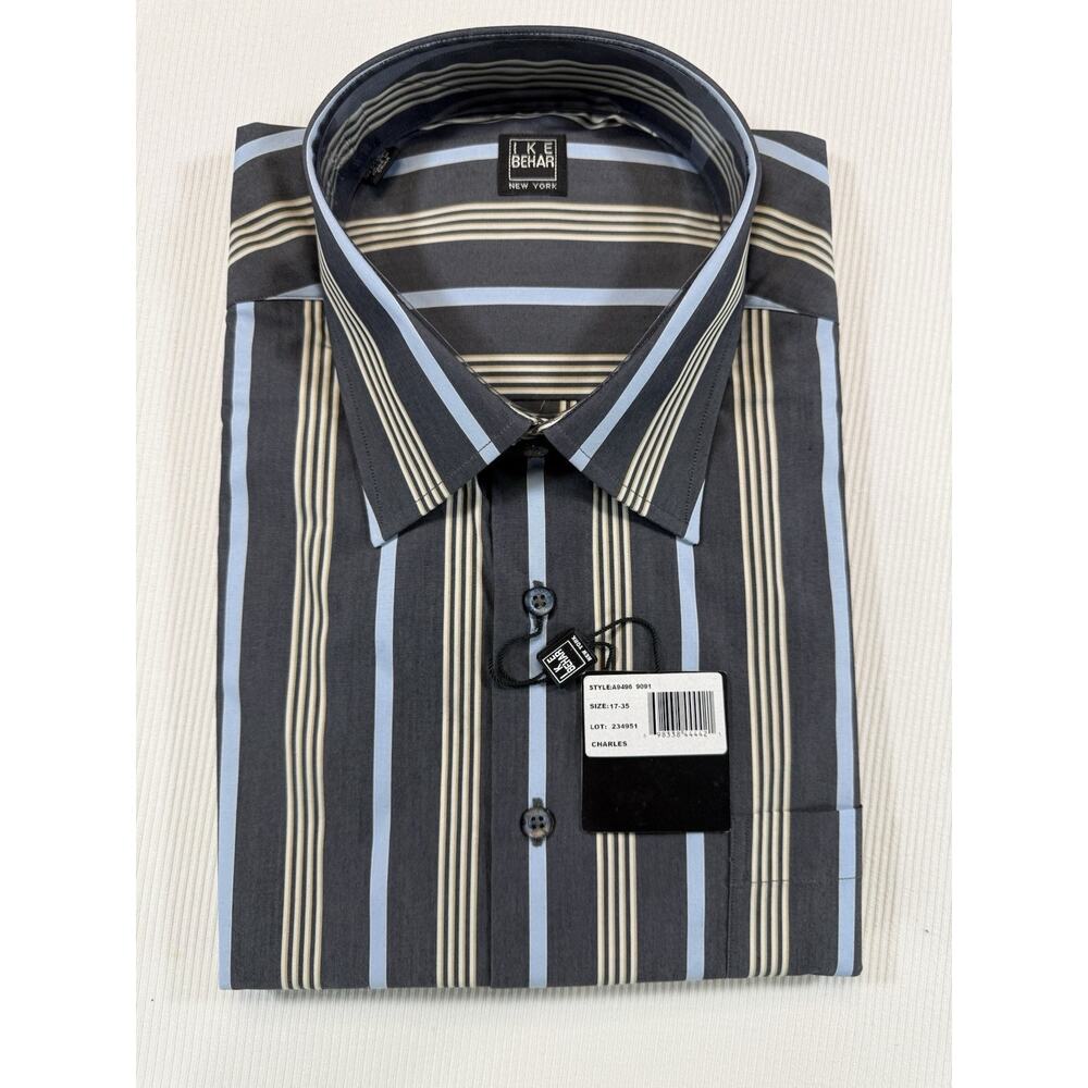 Ike Behar New York Dress Shirt 17 35 Charcoal Blue Stripe Cotton NWT